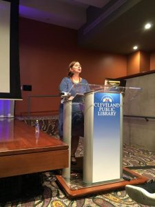 Carol speaking at the Wonder Woman 75th Anniversary Symposium held at Cleveland Public Library